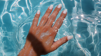 Fototapeta premium A close-up of the hand with glittery white nails under clear water.