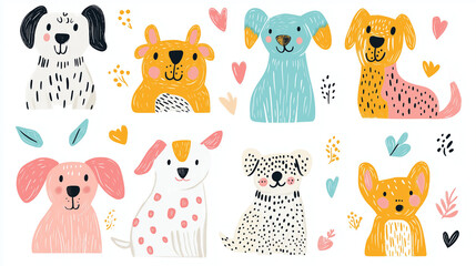 Cute fancy dogs, sticker sheet on white background,