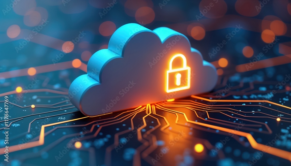 Poster Abstract illustration secure cloud data service. Stylized cloud icon integrates secure padlock symbol. Represents data protection in cloud computing environments. Secure digital tech service. Cloud