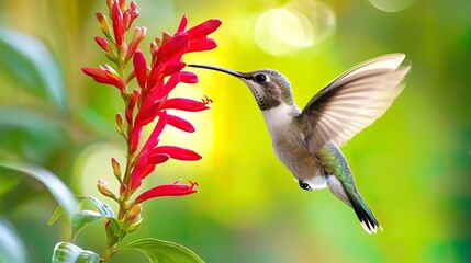Fototapeta premium Hummingbird in flight, feeding from vibrant red flower.