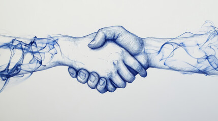 finance, Handshake illustration, in blue ink on a white background, with a simple design and lines, and ample white space around the hands.