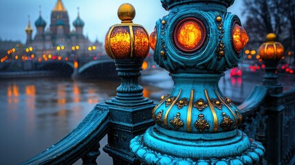 Obraz premium Ornate Bridge Railing with Illuminated Lights and Church Background
