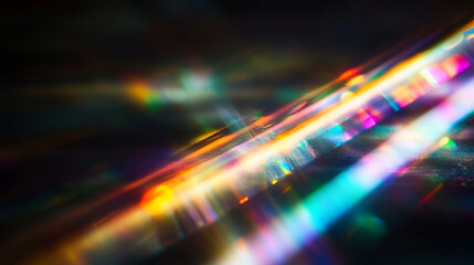 Obraz premium beautiful, An abstract photo of light rays and prismatic reflections on a black background, blurred, grainy, with a rainbow prism effect, subtle, and low in contrast.