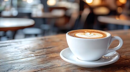 Obraz premium Latte art in a white cup on wooden table in cafe.
