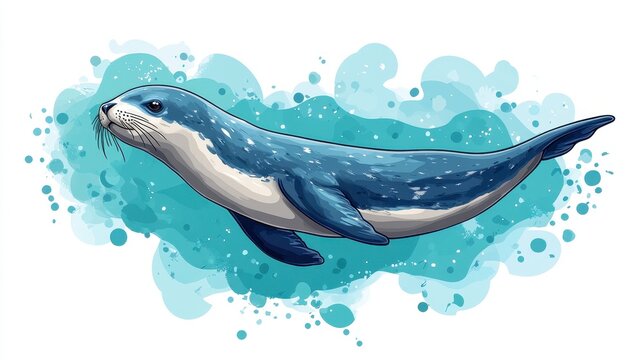 Blue seal swimming in turquoise water, artistic illustration.