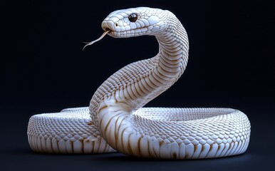 Fototapeta premium Majestic White Snake with Intricate Scales and Elegant Posture Glides Gracefully Against a Dark Background Evoking a Sense of Mystery and Natural Beauty