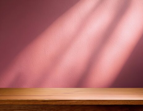 Empty table on pink wall. Background with window light and shadow. Mockup for presentation, branding products, cosmetics, food, technology or jewelry