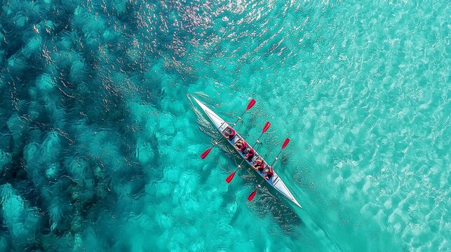 Aerial view of a vibrant canoe team paddling through crystal-clear turquoise waters, showcasing teamwork and adventure.