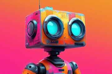 Colorful robot design with vibrant details and retro aesthetic