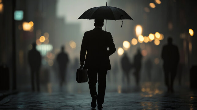 beautiful, A man walks in the rain with an umbrella, seen from behind, under the dim street lights of the city streets.
