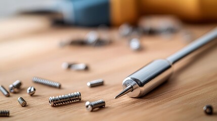 Naklejka premium Close-up of a clean, shiny screwdriver resting on a wooden workbench with scattered screws, natural light highlighting metal textures