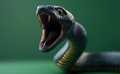Naklejka premium Realistic Black Snake with Open Mouth and Sharp Fangs on a Green Background, Captivating Close-Up View of a Snake's Head, Perfect for Nature and Wildlife Themes