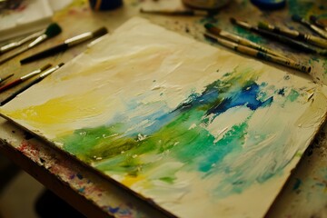 Fototapeta premium Watercolor Palette and Brush on Creative Artist’s Desk