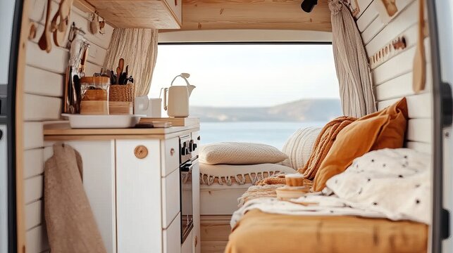 A cozy, stylish van interior featuring a kitchen, comfortable seating, and scenic views, perfect for adventurous living or road trips.