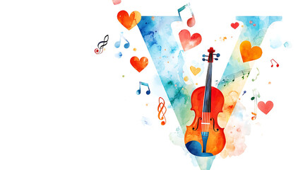 colorful illustration featuring violin and musical notes, symbolizing love and music