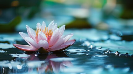 Pink water lily flower floats on calm water, reflecting its beauty.