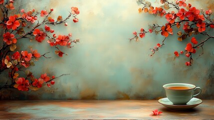 Teacup on wooden surface with blooming branches.