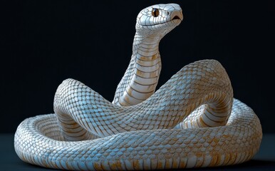 Fototapeta premium Serpentine Majesty: A Close-Up of an Elegant White Snake Curled Gracefully Against a Dark Background, Showcasing Intricate Scales and Fierce Expression