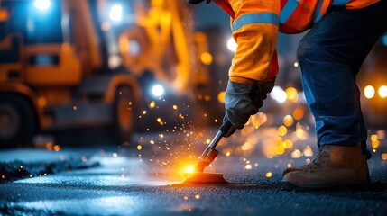 A construction worker in an orange safety vest uses a tool to cut asphalt at night, creating sparks amidst a lit worksite.