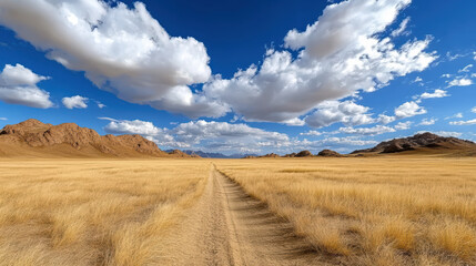 Fototapeta premium vast golden landscape with dirt path under blue sky filled with clouds