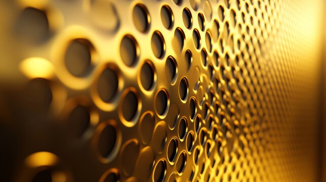 golden, 3D render of a shiny golden metal background with a pattern of small circular holes, close-up, warm light rays, and a perspective view.