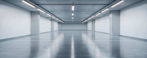 Fototapeta premium A minimalistic, empty interior space with polished concrete floors and bright overhead lighting, creating a modern and spacious atmosphere.