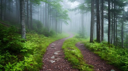 Obraz premium Misty forest path forks, nature scene, hiking trail, background greenery.