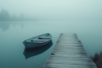 Obraz premium Rowboat on a foggy lake with a wooden pier