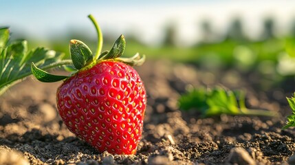 Ripe red strawberry in a field, close-up view.
