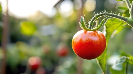 Ripe red tomato on the vine in a garden.