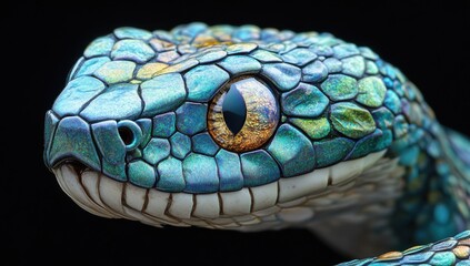 Fototapeta premium Stunning Close-Up of Vibrantly Colored Snake with Unique Scales and Striking Eye Detail on a Dark Background