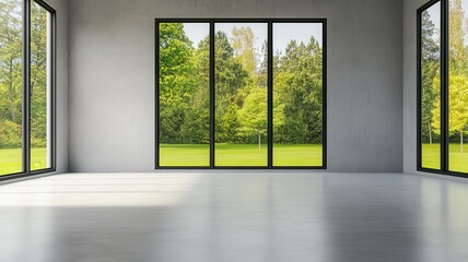 Obraz premium Modern Empty Living Room with Gray Accents: A Stylish and Spacious Interior Design Concept