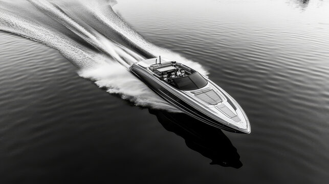 beautiful, Black-and-white photograph of a speedboat on a lake, an aerial shot with high contrast.