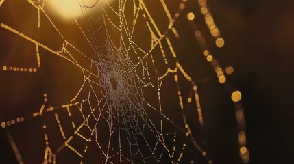 A close-up of a spider web glistening with dew in soft golden light.
