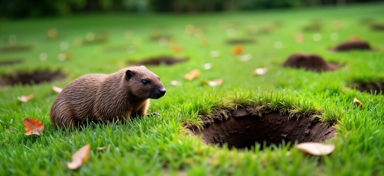 Brown rodent animal mink mole in green lawn with holes. Nature scene. Rodent digging in park. Summer day. Close up view of creature. Wildlife. Garden landscaping. Summer cottage. Natural scene.