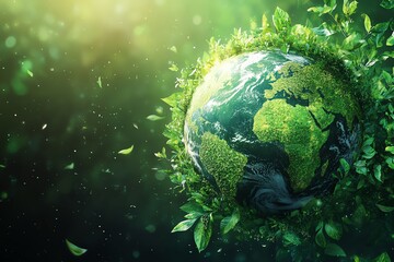 A globe covered in green leaves, symbolizing environmental protection and sustainability, with a warm sunlit background.
