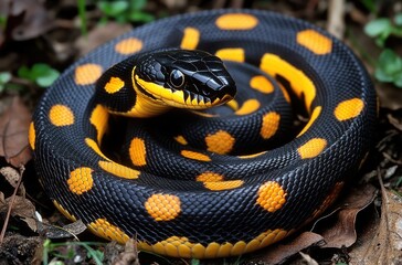 Obraz premium Vibrant Black and Yellow Snake Coiled on Forest Floor Surrounded by Greenery and Brown Leaves, Showcasing Its Beautiful Scales and Unique Color Pattern