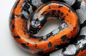 Naklejka premium Vibrant Close-Up of a Colorful Snake Showing Stunning Orange and Black Patterns with Smooth Scales and Piercing Eyes on a Neutral Background