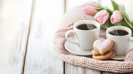 Obraz premium Cozy coffee moment with heart-shaped cookie and tulips rustic table setting still life warm and inviting atmosphere