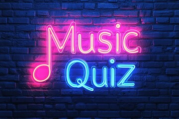 Bright neon "Music Quiz" sign in pink and blue glowing against a dark brick wall. Ideal for entertainment, events, or music-themed marketing and promotions.