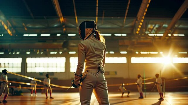 Female fencer in a sunlit indoor hall, preparing for a duel, with other fencers in the background. The scene exudes determination and focus. ai