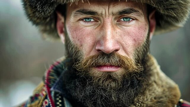 Traditional russian portrait with fur hat and intricate patterned clothing AI