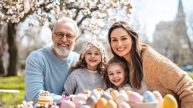 Multigenerational family posing for photo park happy moment springtime outdoor setting joyful togetherness