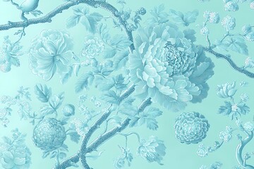 Elegant Floral Pattern in Soft Blue Tones on a Light Green Background