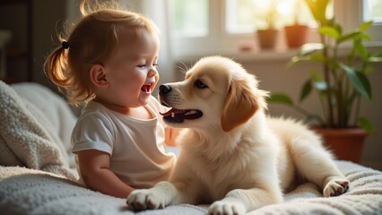 Capture the pure joy and trust between your pet and a small child. Their natural bond, full of laughter and affection, shines in this heartwarming photo filled with warmth and innocence.