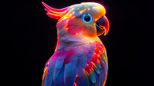 beautiful, A beautiful cockatoo, with vibrant colors and glowing neon light effects, rendered in a hyper-realistic and hyper-detailed close-up portrait.