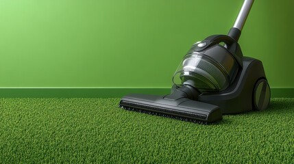 Black vacuum cleaner on green carpet against green wall.
