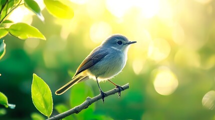 Small bird perched on a branch, bathed in warm sunlight, surrounded by green leaves.