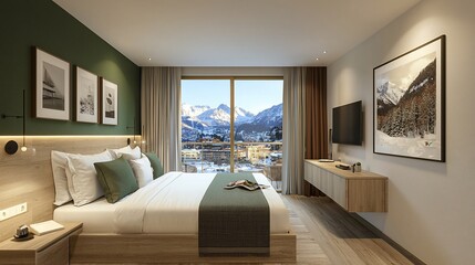 Modern bedroom with mountain view, balcony, and minimalist decor.