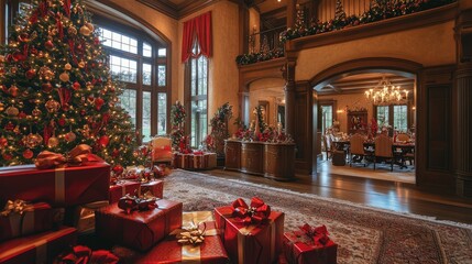 Elegant Christmas decorations featuring a tree with ornaments and lights, surrounded by wrapped presents in a beautifully decorated home